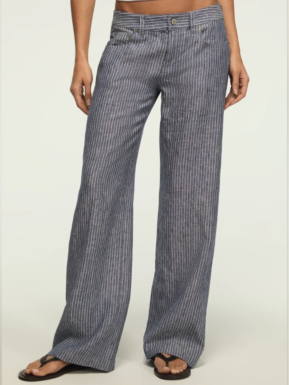 Lucky Brand Pinstriped Linen Wide Leg Pants Navy Striped Baggy Pants 14/32R